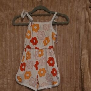 Source Unknown White Floral Tie-Shoulder Romper with Orange & Red Flowers
